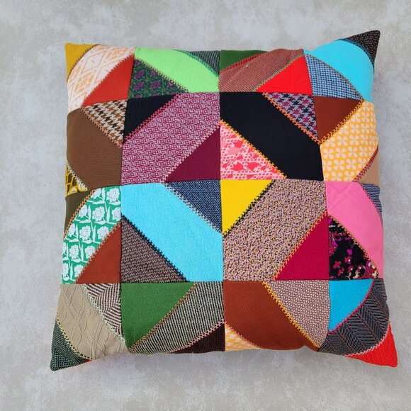 Vintage Crazy Quilt Throw Pillow Polyester 18x18 Handmade Patchwork Embroidered - Picture 1 of 16